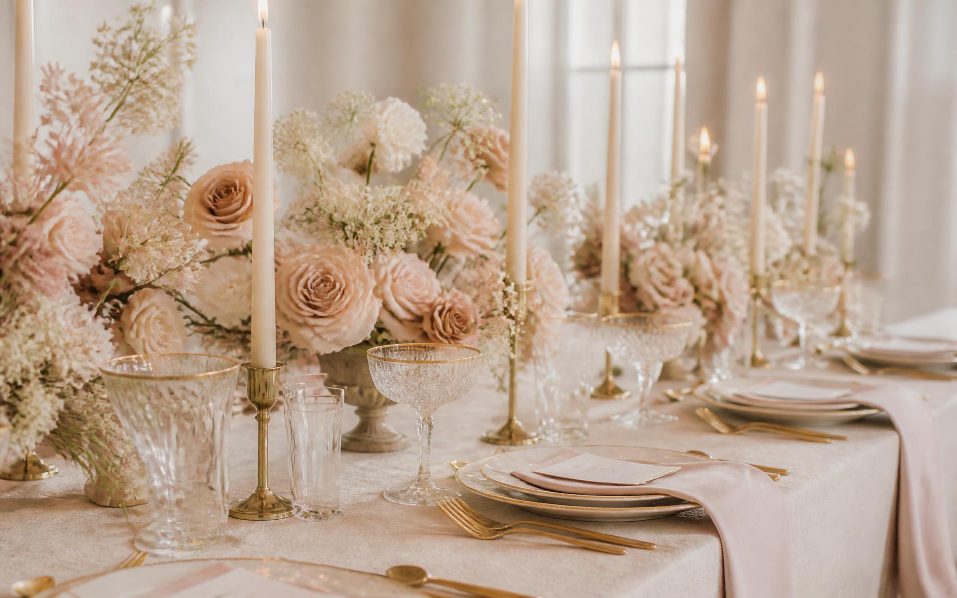 Blush and ivory wedding tablescape with crystal glassware, gold accents and garden roses